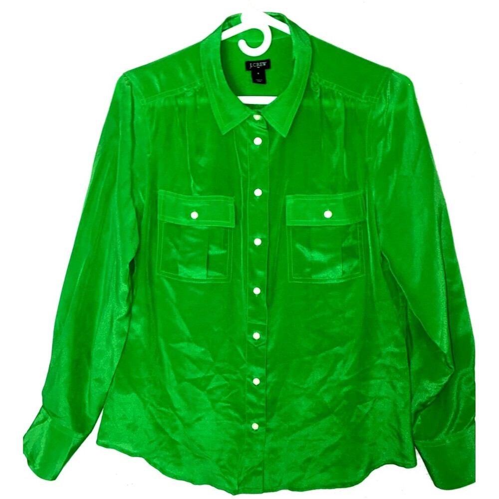 J.Crew Womens 100% Silk Button Up Blouse Green Size S Pockets Long Sleeve